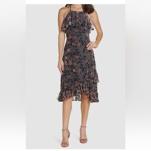 NWT Avec Les Filles Women Gray Floral Velvet Sheer Halter Cocktail Dress Size 12